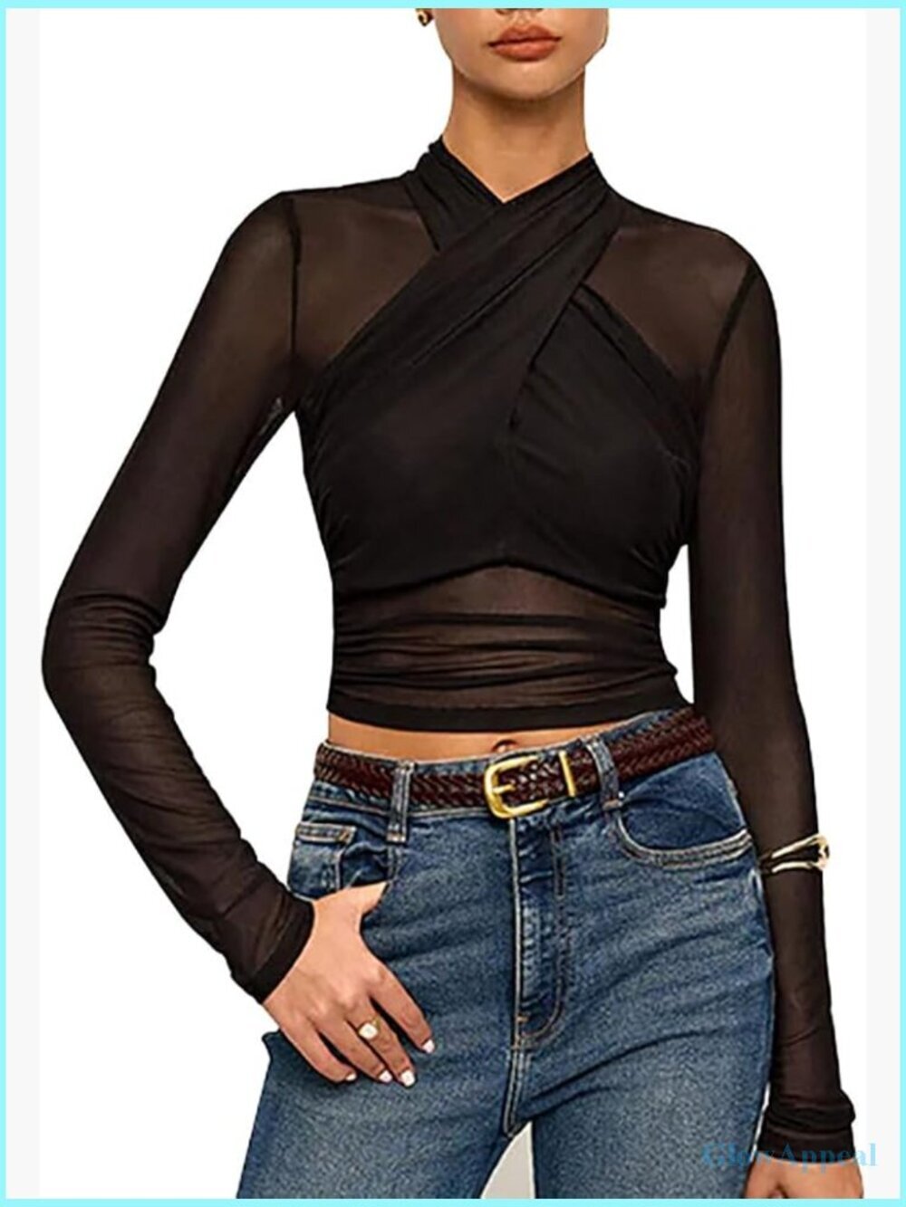 Long Sleeve Mesh Crop Top Criss Cross Sheer Ruched Blouse Slim Fit Tee